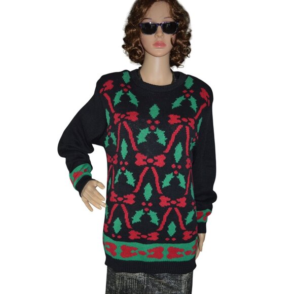 Vintage 90s Peddler Street Red Bow Holiday Crew Neck Sweater Women Size M Winter - Picture 1 of 10